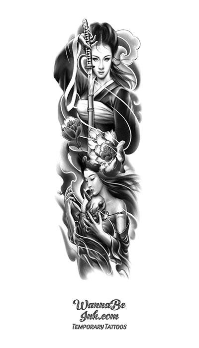 Beautiful Asian Warrior Woman With Lotus And Demon Temporary Sleeve Tattoos Wannabeink Com Beautiful Asian Warrior Woman With Lotus And Demon Temporary Sleeve Tattoos Wannabeink Com