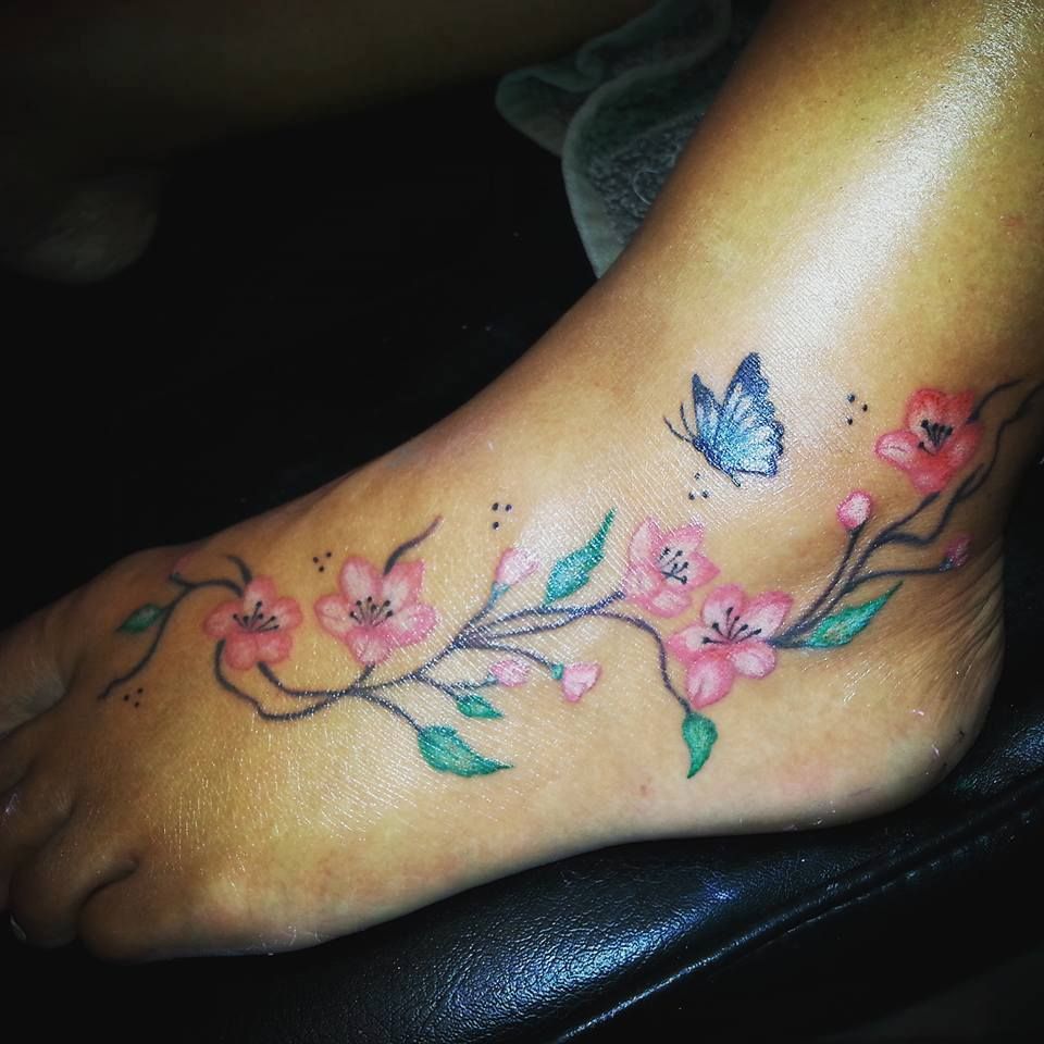 Colourful Girly Foot Tattoo Butterflies Flowers And Vines Colourful Girly Foot Tattoo Butterflies Flowers And Vines