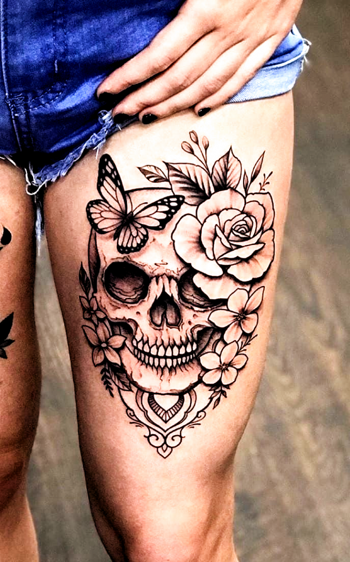 Feminine Skull And Flower Tattoo Feminine Skull And Flower Tattoo