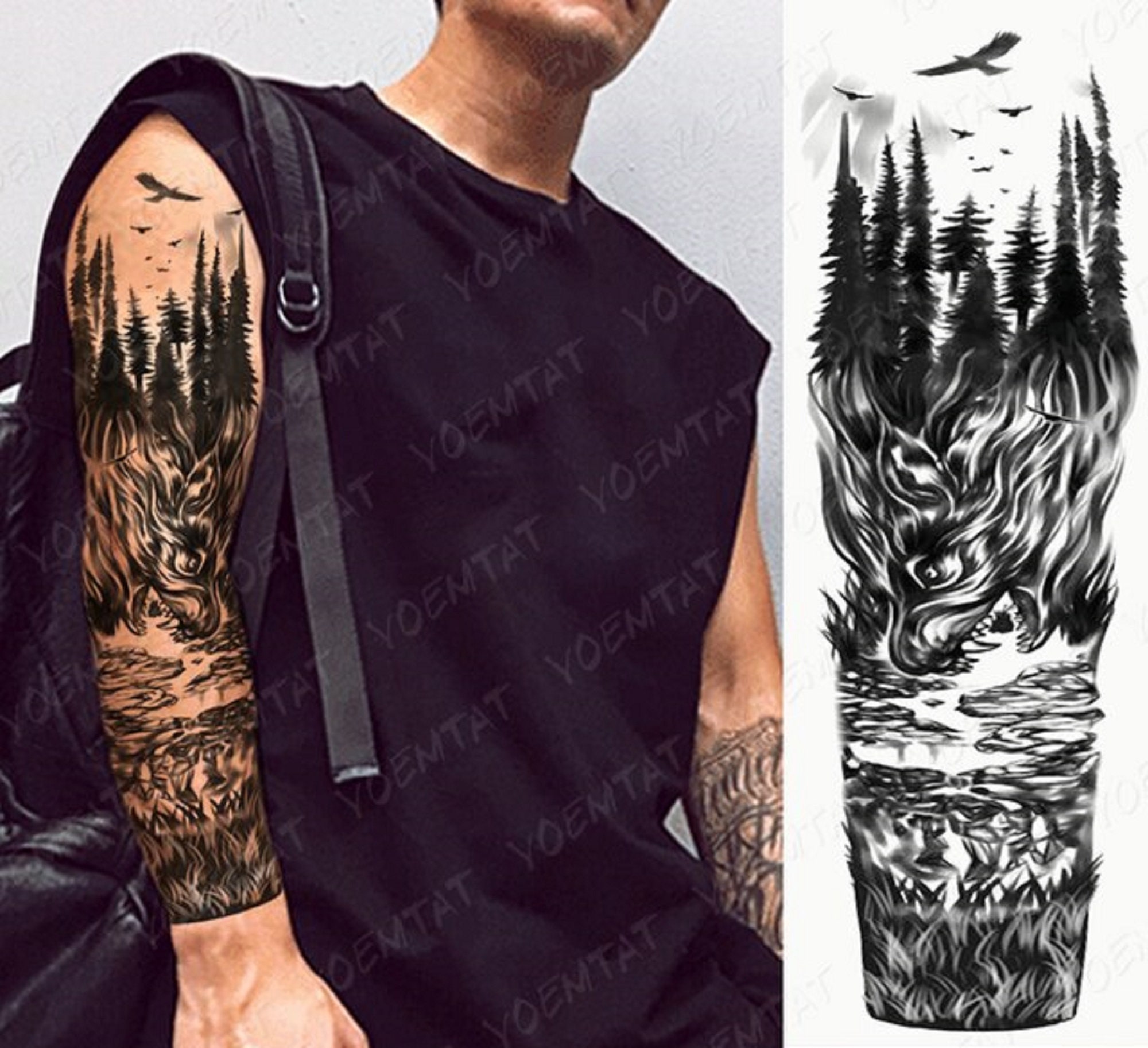 Full Arm Sleeve Temporary Tattoo Wolf Pine Trees Fire Tattoo Etsy Full Arm Sleeve Temporary Tattoo Wolf Pine Trees Fire Tattoo Etsy