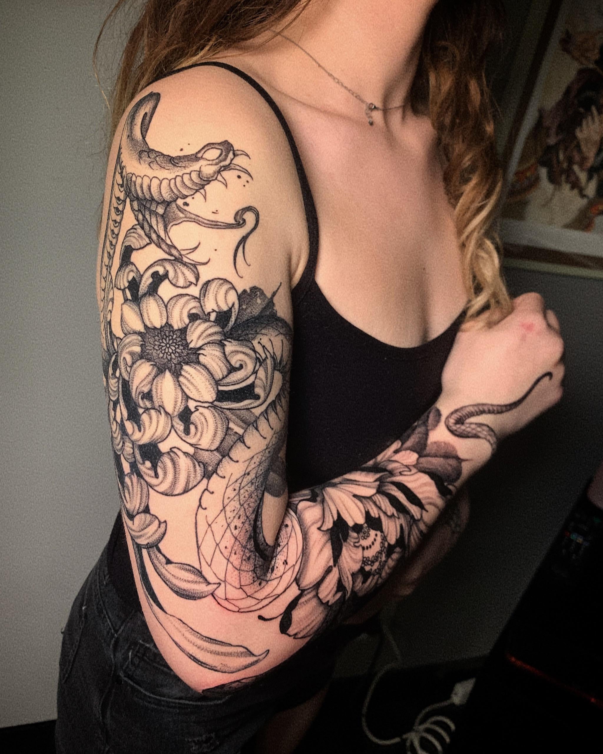 Full Sleeve Custom Design Snake Wrapping Around Arm With Chrysanthemum And Peony Flowers Done By Cobrahtattoo At Emerald Ink Perth Australia R Tattoodesigns Full Sleeve Custom Design Snake Wrapping Around Arm With Chrysanthemum And Peony Flowers Done By Cobrahtattoo At Emerald Ink Perth Australia R Tattoodesigns