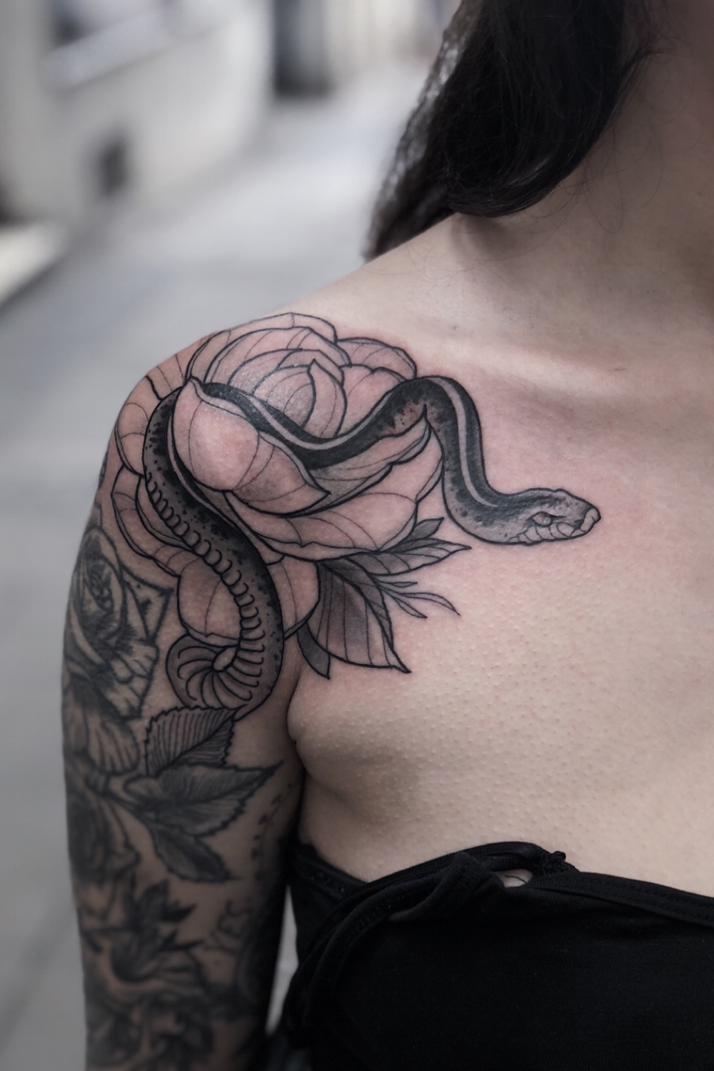 Snake Tattoo By Jen Tonic Snake Rose Shoulder Flower Floral Snake Tattoo By Jen Tonic Snake Rose Shoulder Flower Floral