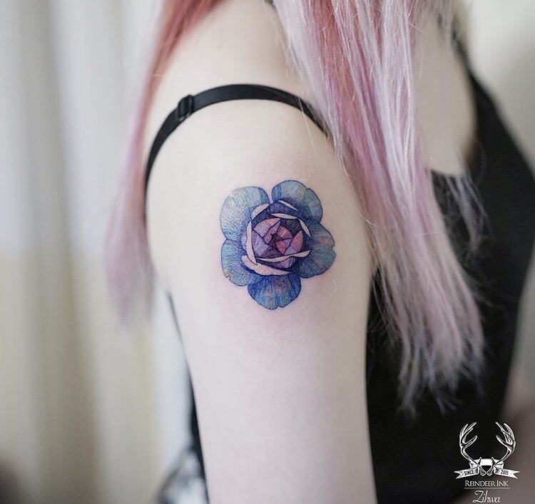 Watercolor Blue Rose Tattoo Behind The Ear Watercolor Blue Rose Tattoo Behind The Ear